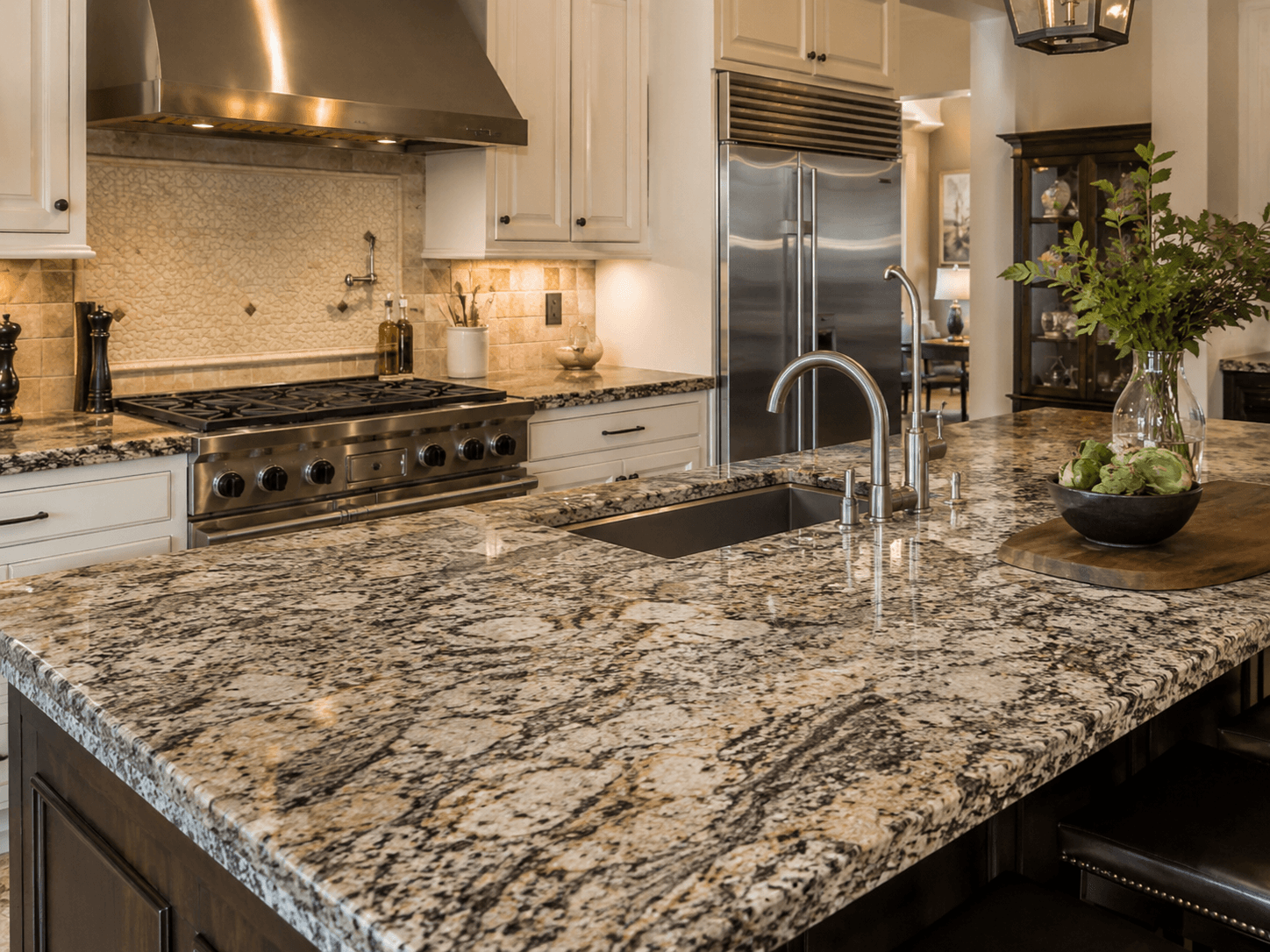 Natural Granite Countertop Surface With Gold Movement
